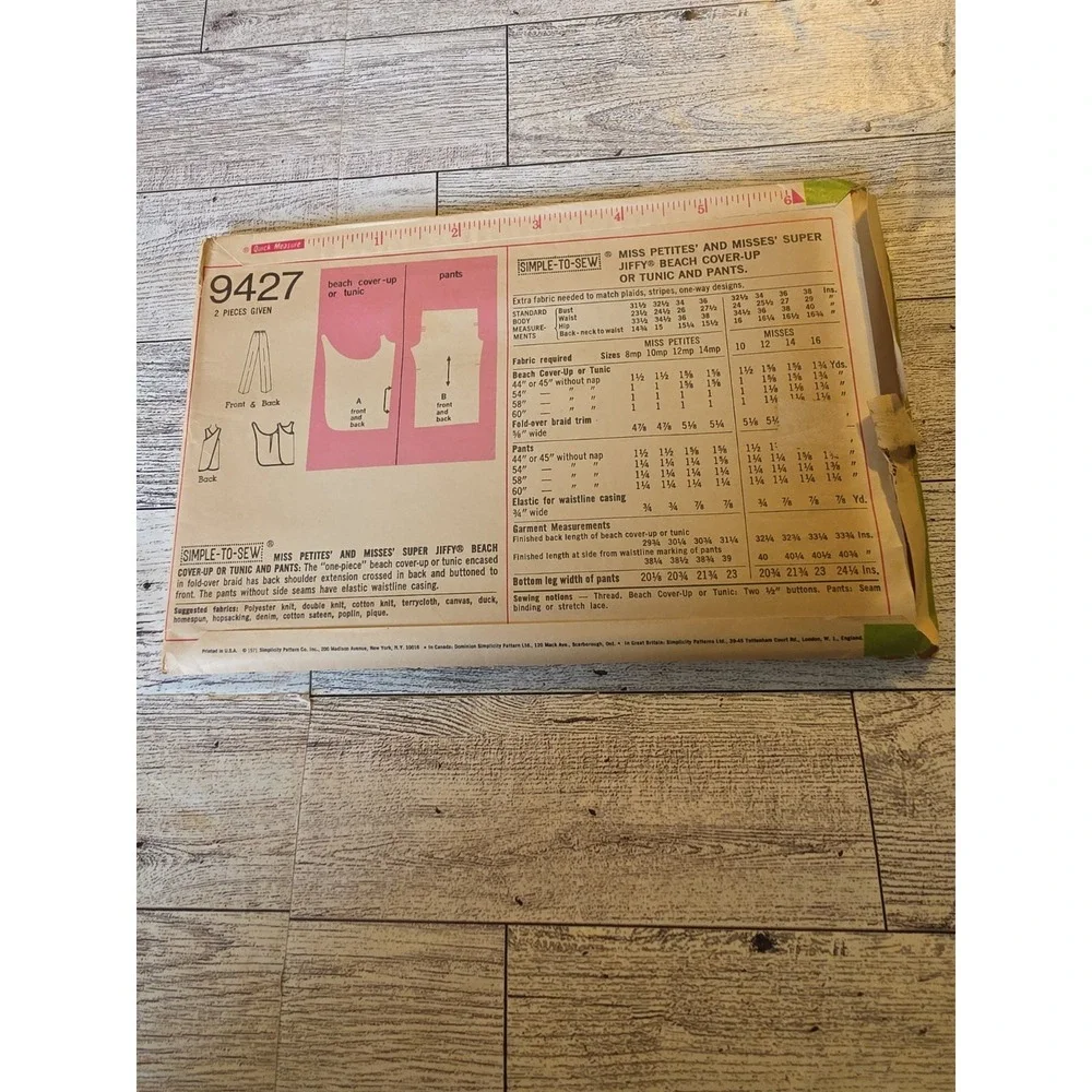 9427 Vintage Simplicity Sewing Pattern Misses Super Jiffy Beach Cover Up Pants